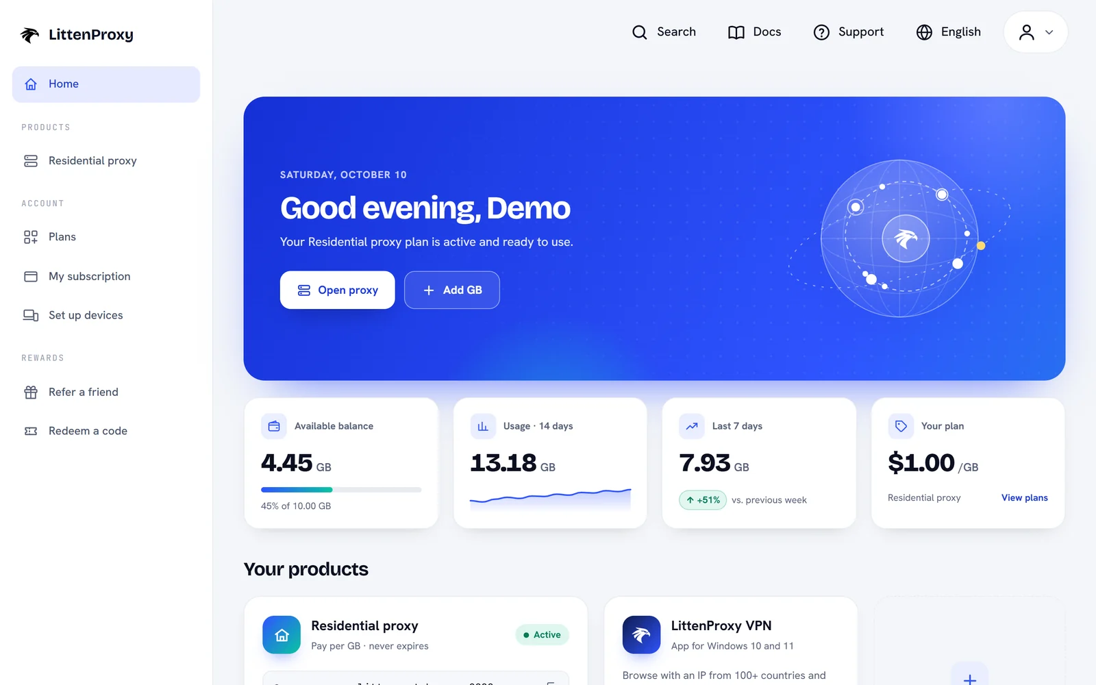 The dashboard with your products, balance and usage